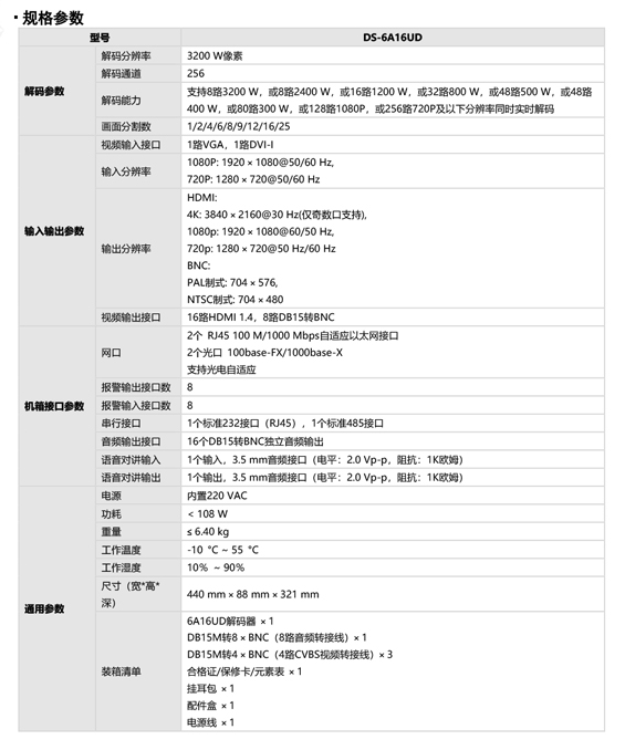 DS-6A16UD規(guī)格參數